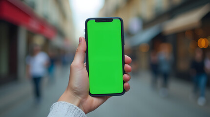 Hand holding smartphone with green screen on blurred background of street.