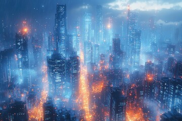 Poster - Futuristic Cityscape with Tall Buildings and Neon Lights in Rain