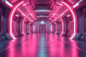 Aufkleber - Futuristic Pink-Lit Corridor With Metallic Floor