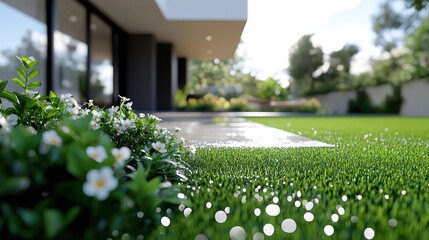 A close-up view of a lush green lawn with white flowers in the foreground and a modern house in the background.