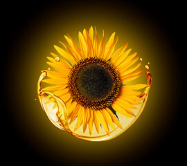 Sunflower with oil splashes close-up on a black background