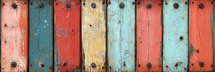 Poster - A weathered wooden surface with peeling paint in various pastel shades.