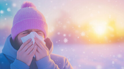 Person sneezing into tissue on snowy winter background, representing cold weather, seasonal allergies, illness, winter cold, healthcare, flu season, and outdoor winter setting.