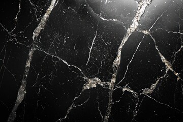 Poster - Close-up of Black Marble with White Veins and Silver Glittering Texture