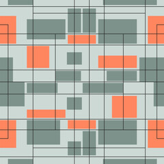 Fototapete - Modern geometric abstract seamless pattern. Contrasting black grid and overlapping green and orange rectangles on a gray background.