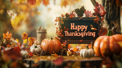 Happy Thanksgiving horizontal banner,leaves, pimpkins and turkey, 