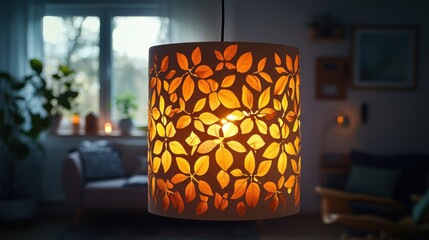 Wall Mural - A decorative light fixture with a leaf pattern hangs in a living room.