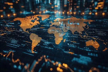 Fototapete - A Digital World Map with Illuminated Continents