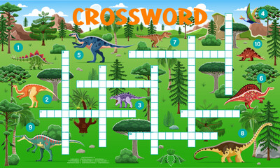 Aufkleber - Cartoon dinosaurs, crossword quiz game grid. Vector colorful and engaging worksheet riddle for kids features dino species in a lush prehistoric landscape. Word search task brainteaser for children
