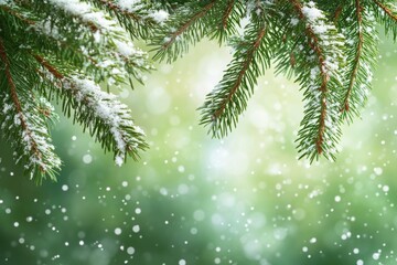 Wall Mural - Snow covered evergreen branches surrounded by falling snowflakes in a tranquil winter setting