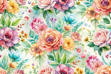  Watercolor floral seamless pattern with paint smudges