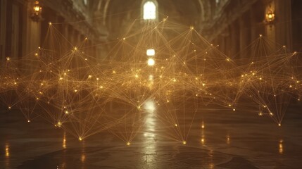 A glowing network of lines and points fills an empty hall.