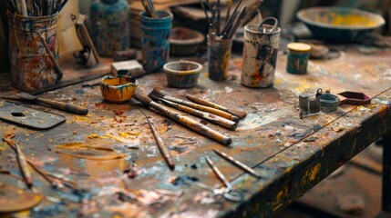 Poster - Colorful art supplies scattered on workbench in messy studio, showcasing artist's creativity. Wood table covered in vibrant paints and brushes, highlighting passion and dedication