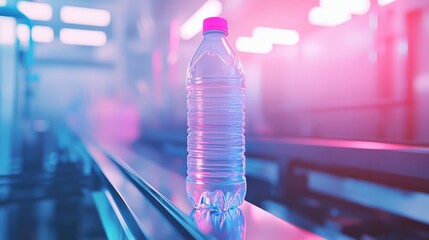 Poster - Drinking water factory conveyor belt with PET bottles for filling.