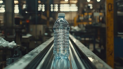 Poster - A PET bottle is being filled on a conveyor belt in a factory for drinking water.