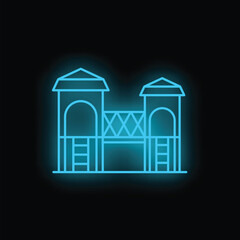 Poster - Bright blue neon icon of a playground structure, featuring two towers connected by a bridge, evokes a sense of childhood joy and outdoor fun