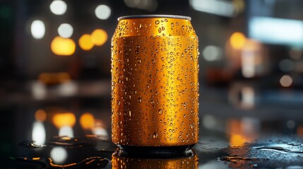Poster - Droplets of water cling to a shiny orange can, reflecting city lights in the background during a rainy night. The atmosphere suggests a refreshing beverage ready to be enjoyed.