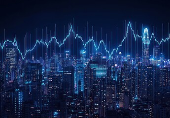 Poster - Illuminated Cityscape with an Overlaid Financial Chart