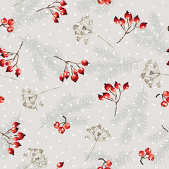 Wall Mural - christmas seamless pattern, red berries, snow, fir twigs silhouettes, beige background. vector illus