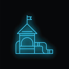 Poster - Blue neon sign of a playground slide with a small house and flag on top