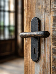 Rustic metal door handle on a wooden door close-up.