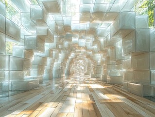 Poster - Abstract Glass Cube Corridor with Wooden Floor