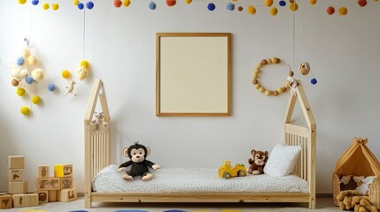 Stylish composition of child room interior with mock up poster frame, child bed, decoration, wooden block toys, plush monkey, colorful garland and personal accessories. Home decor template