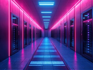 Poster - Neon-Lit Server Room Corridor with Blue and Pink Lighting