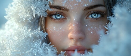 Poster - A Close-Up of a Woman's Face Framed by Ice Crystals