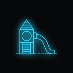 Poster - Glowing blue neon sign representing a playground for children with a slide and a tower