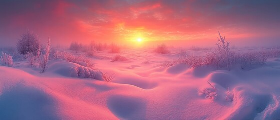 Poster - Frosty Branches Bathed in Pink Sunset Over a Snowy Field