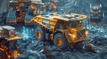 Poster - Futuristic self driving mining trucks are transporting minerals in a quarry, using 5g wireless network and artificial intelligence