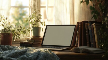 Aufkleber - A cozy workspace features a laptop resting on a wooden desk beside stacked books and potted plants. Sunlight filters through a nearby window, creating a warm and inviting atmosphere.
