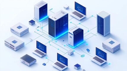 Fototapete - High-tech network infrastructure connecting digital devices and servers in a futuristic data center for enhanced connectivity and cloud solutions, Generative AI
