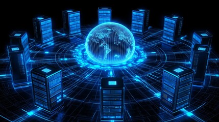 Poster - data center network with glowing blue servers encircling a virtual globe, representing global connectivity and advanced technology infrastructure, Generative AI