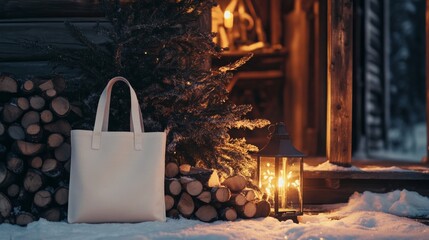 Poster - On a chilly winter evening, a white tote bag rests next to a stack of firewood, illuminated by a warm lantern's glow. A decorated evergreen tree adds a festive touch to this peaceful setting.