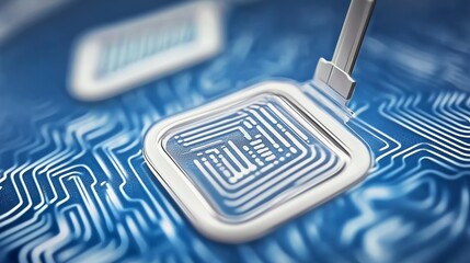 Aufkleber - Close-Up of Blue Sensor Technology on Fabric Texture, Representing Modern Digital Security and Futuristic Innovation, Generative AI