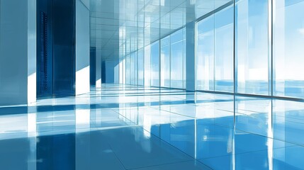 Poster - Bright Futuristic Glass Hallway in Modern Corporate Building, Emphasizing Minimalist Design and Open Architectural Space, Generative AI