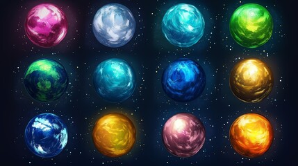 Wall Mural - Colorful Abstract Planet Collection in Cosmic Digital Art, Featuring Mystical and Sci-Fi Inspired Celestial Bodies, Generative AI