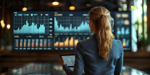 Poster - Woman analyzing financial data on a tablet and large screen display