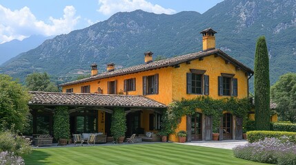 A large, yellow villa with a tiled roof and a lush green lawn in front of it. The villa is surrounded by mountains.