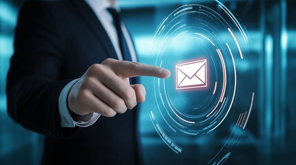Fototapete - Businessman Touching Virtual Email Icon on Futuristic Screen, Symbolizing Modern Communication and Digital Connectivity, Generative AI