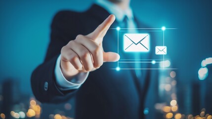 Poster - Businessman Touching Virtual Email Icon on Futuristic Screen, Symbolizing Modern Communication and Digital Connectivity, Generative AI
