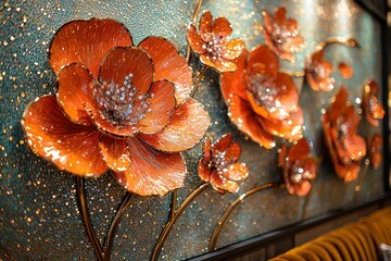 Wall Mural - Elegant metallic floral wall art with orange floral details over sparkling background