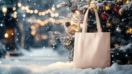 Poster - A stylish, light-colored bag sits beside a beautifully decorated Christmas tree surrounded by snow. Soft lights twinkle in the background, creating a warm and inviting holiday atmosphere.
