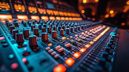 Close up of a digital audio mixer during a vibrant music event at night