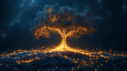 An enchanting tree radiates with golden and azure lights against a starry sky, embodying elements of magic and wonder in a fantastical night landscape.