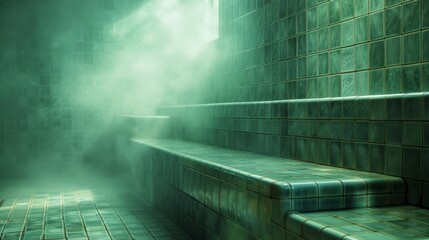 Poster - Soothing green steam fills an empty room with benches and tile walls, creating a tranquil spa or sauna setting for relaxation and wellness
