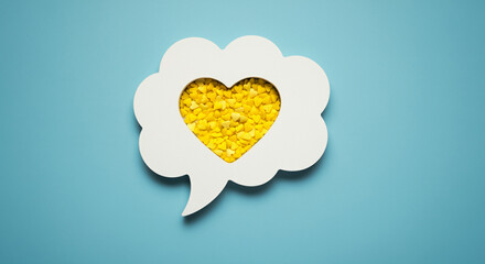 Poster - Speech bubble with heart filled with yellow love shapes representing emotion and affection in a colorful design