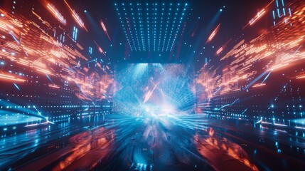 Aufkleber - light trails and glowing lines converge on a bright light source at the end of a futuristic corridor